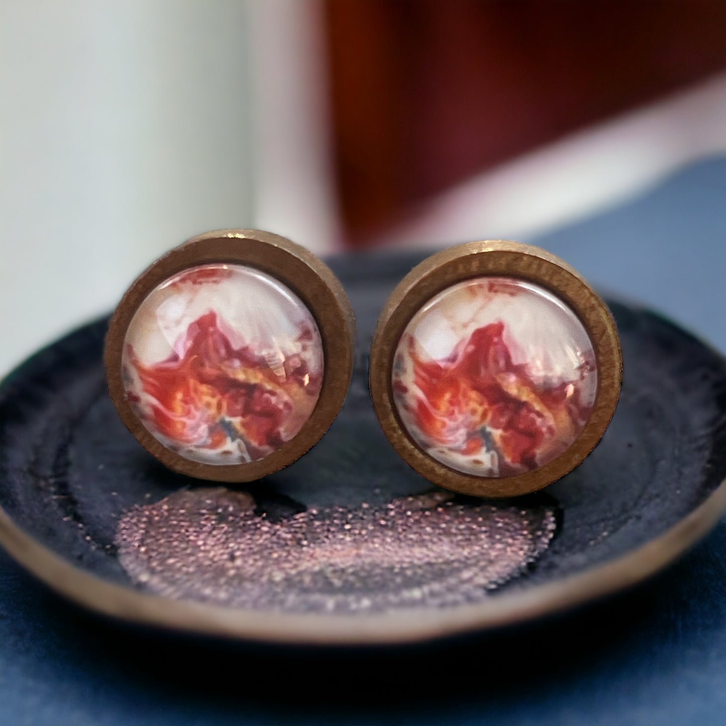 Crimson Marble Resin Stud Earrings – Earthy Artisan Jewelry