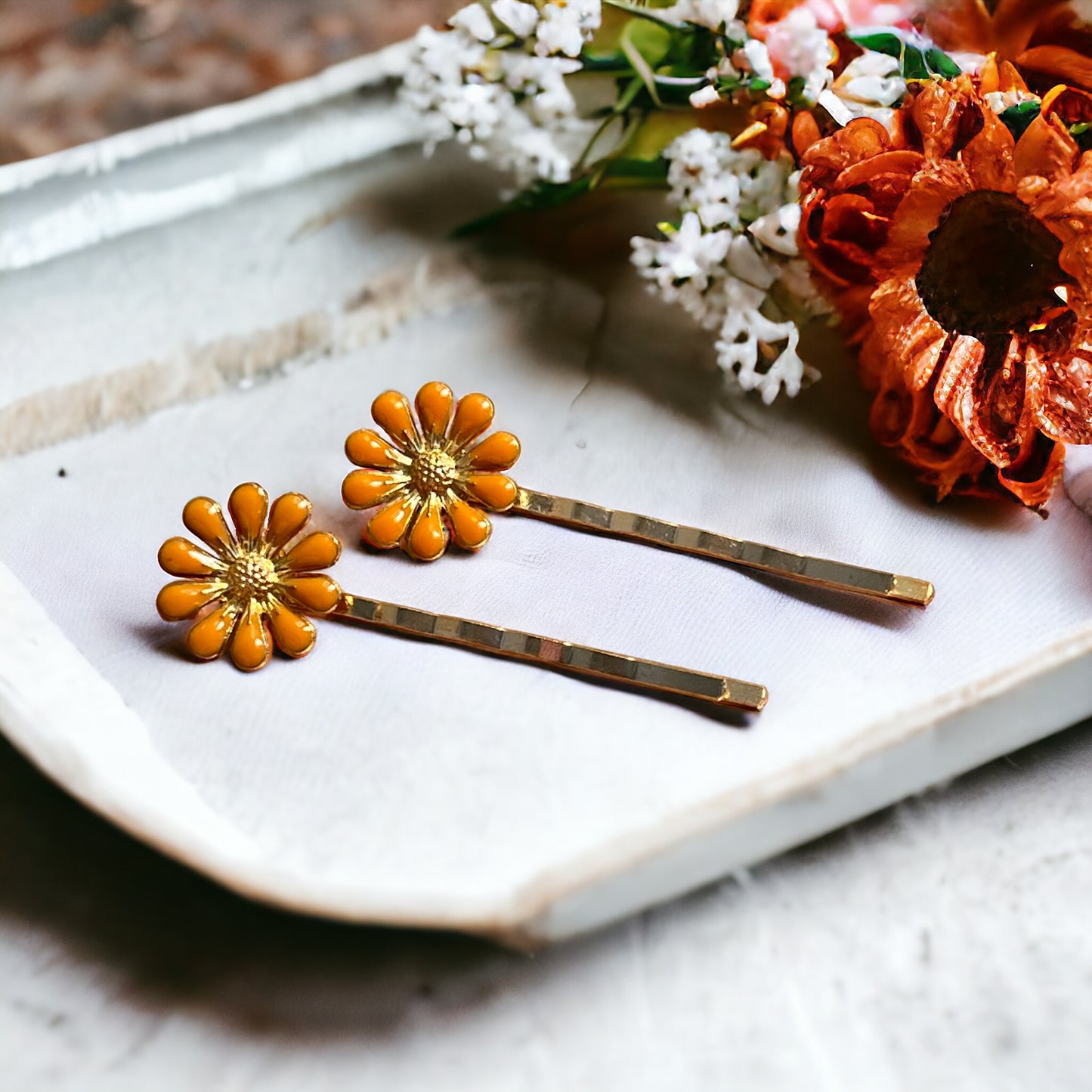 Decorative Orange Enamel Wildflower Hair Pins - Delicate Floral Accessories