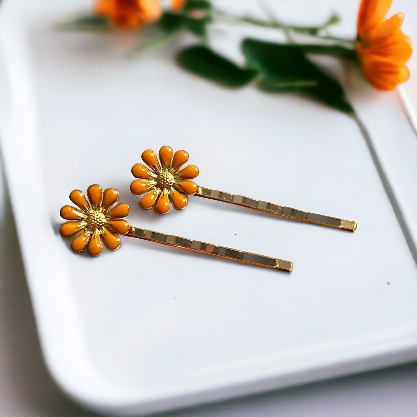 Orange Wildflower Hair Pins – Set of 2 Cottagecore Accessories