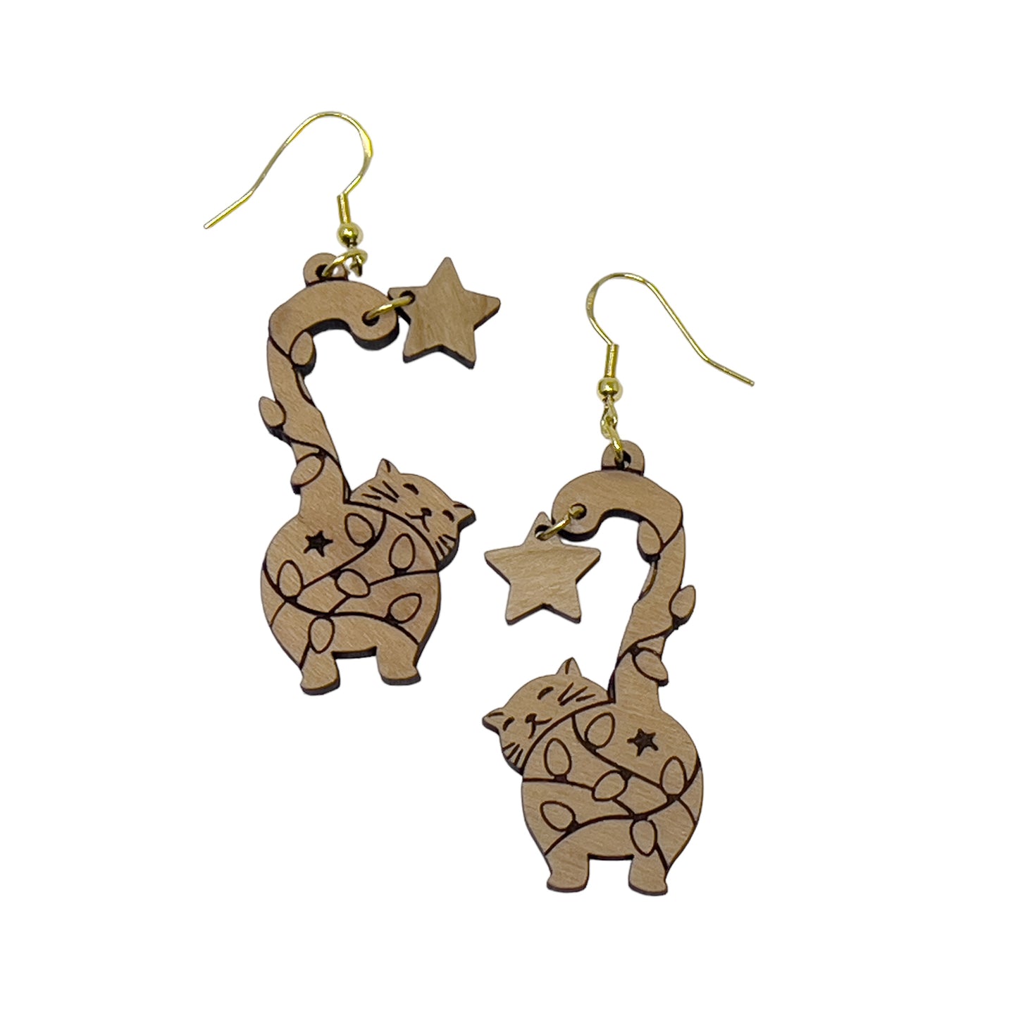 Star-Tailed Cat Earrings – Whimsical Wooden Holiday Pet Jewelry