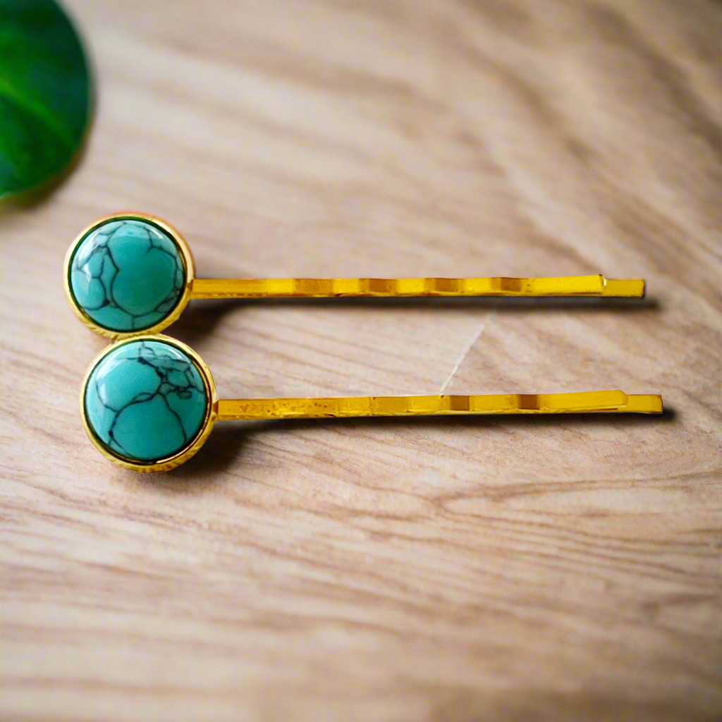 Turquoise Hair Pins - Western Boho Cowgirl Gold Bobby Pins