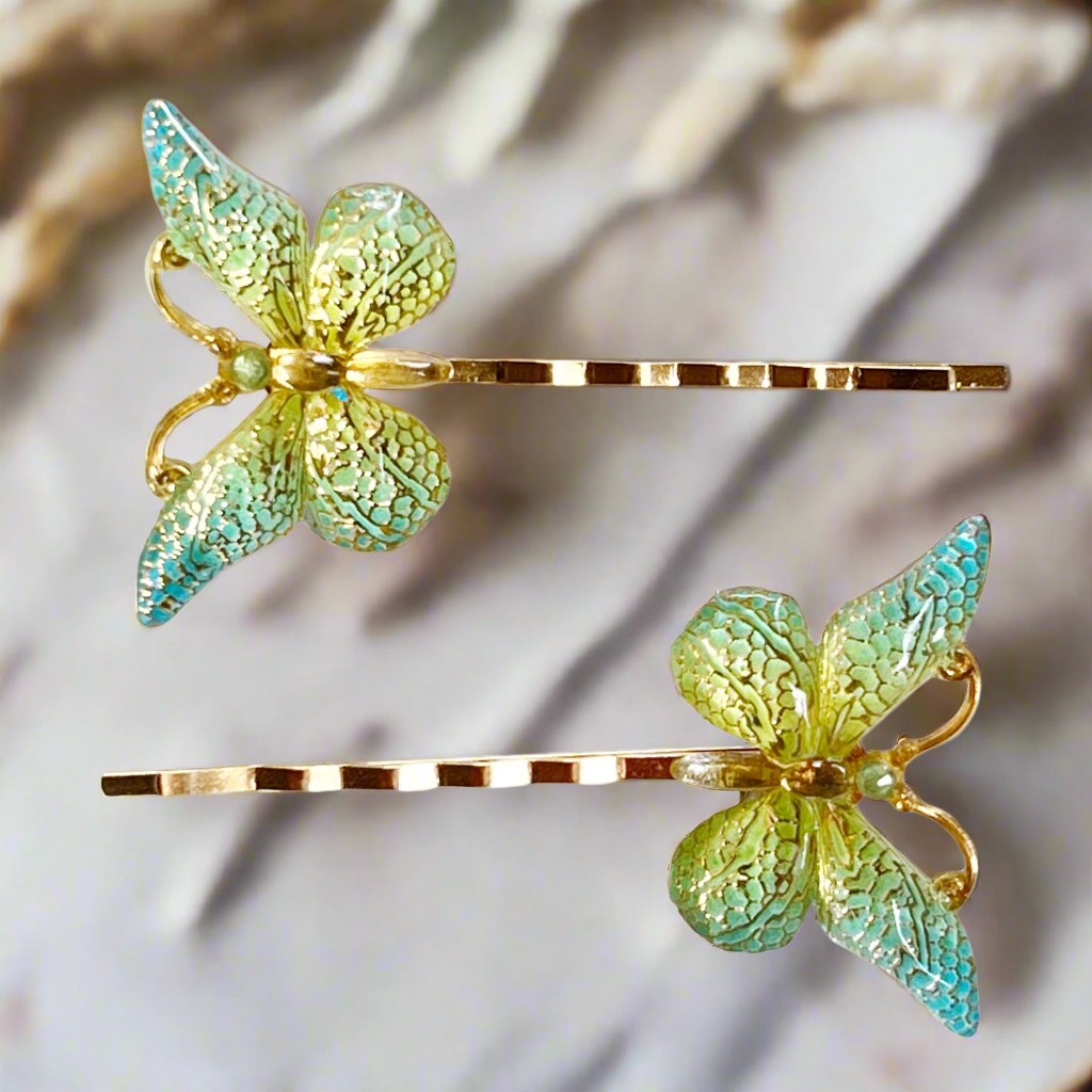 Blue, Green & Gold Butterfly Hair Pins - Colorful Hair Accessories