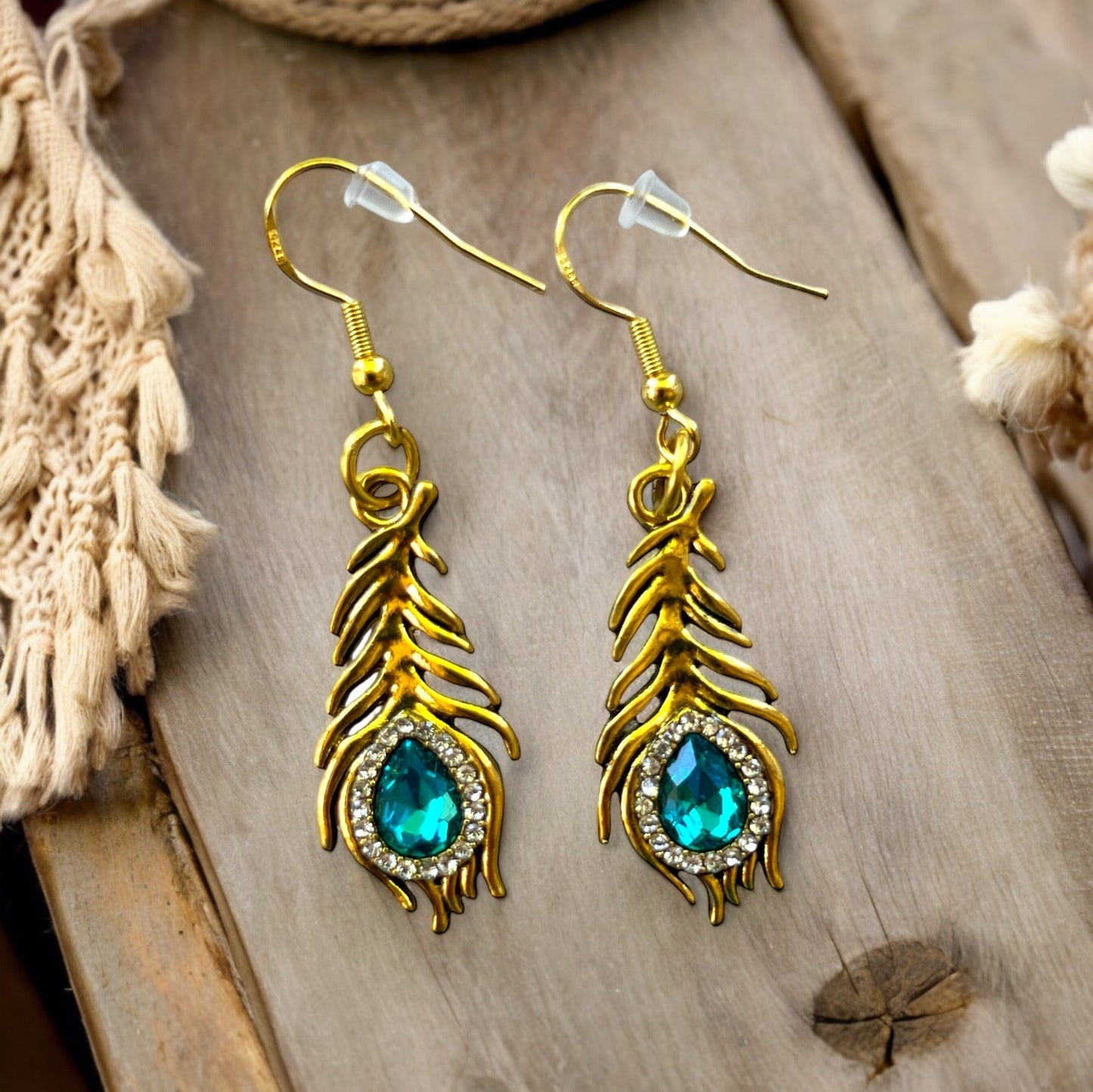Peacock Feather Earrings – Gold Boho Glam Dangle Jewelry