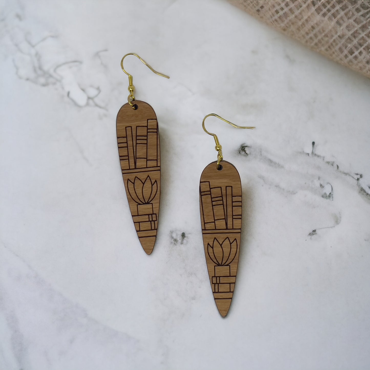 Bookshelf & Plant Wood Earrings – Boho Literary Jewelry