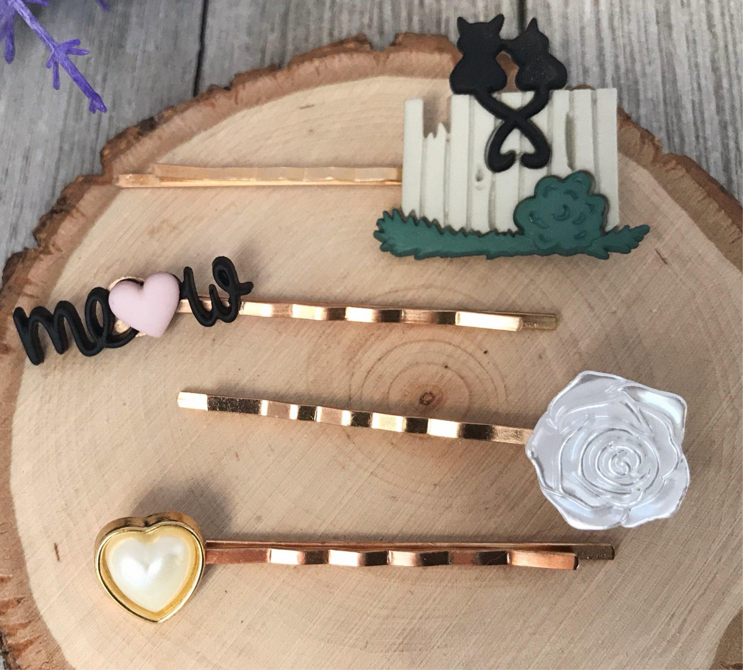 Cat, Flower, Heart & Meow Hair Pins - Feline Lover Bobby Pins