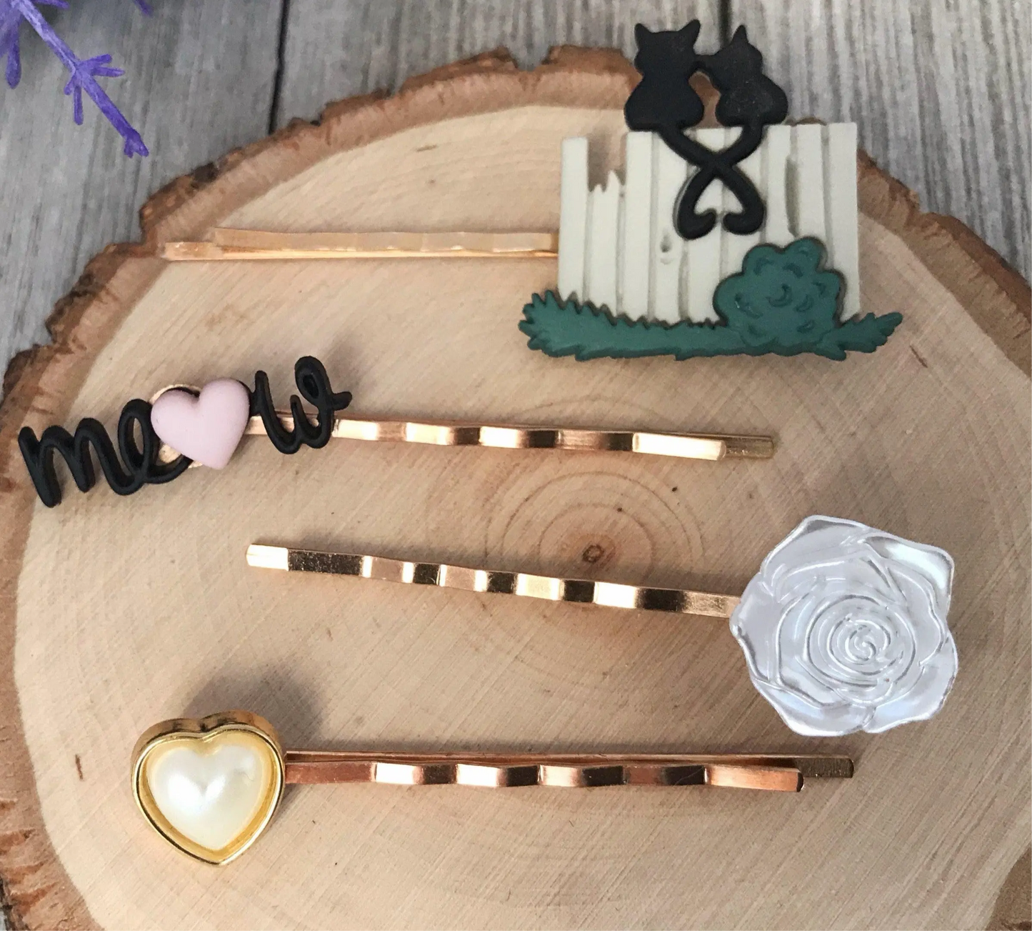 Cat, Flower, Heart & Meow Hair Pins - Feline Lover Bobby Pins Be Grace Be Love