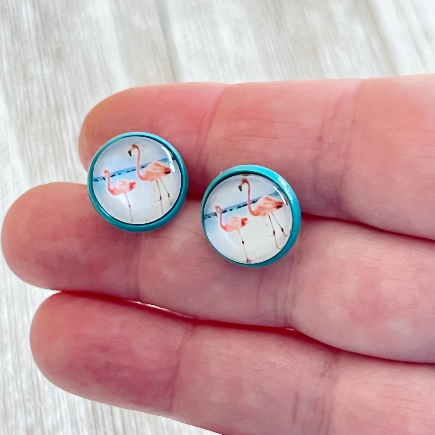 Flamingo Stud Earrings – Tropical Beach Jewelry in Teal Bezel Setting