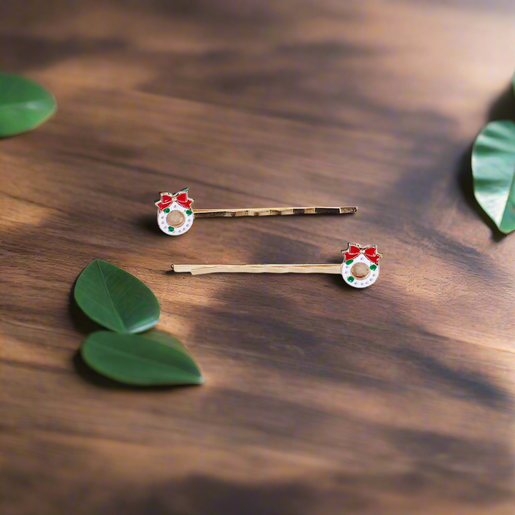 White Christmas Wreath Hair Pins - Festive Holiday Accessories
