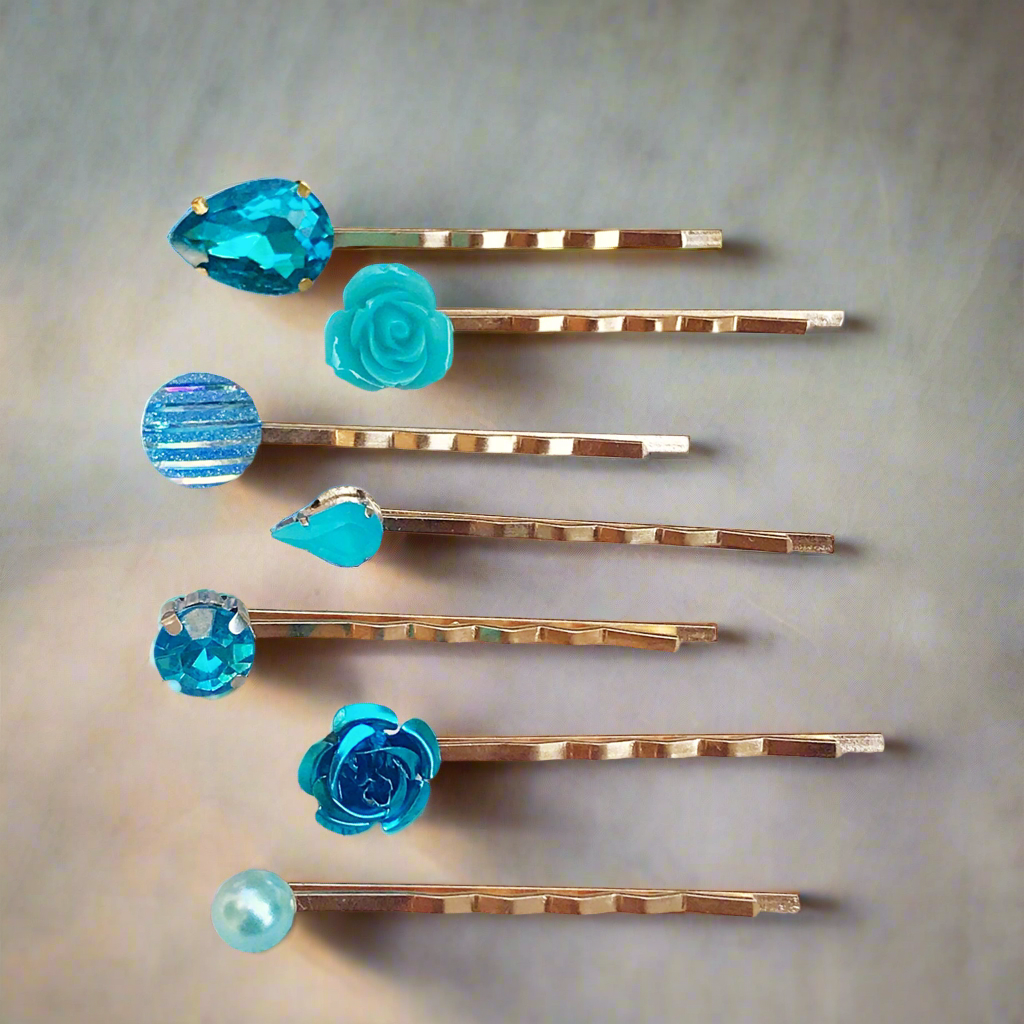 Blue Rose Gold Hair Pins - Elegant Bridal Wedding Hair Accessories