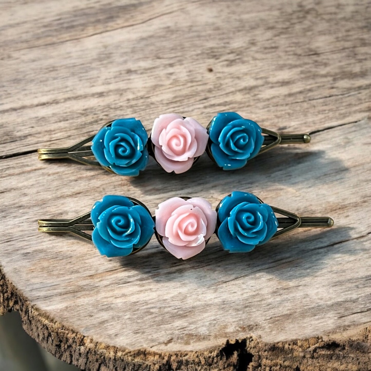 Teal & Light Pink Rose Hair Pins