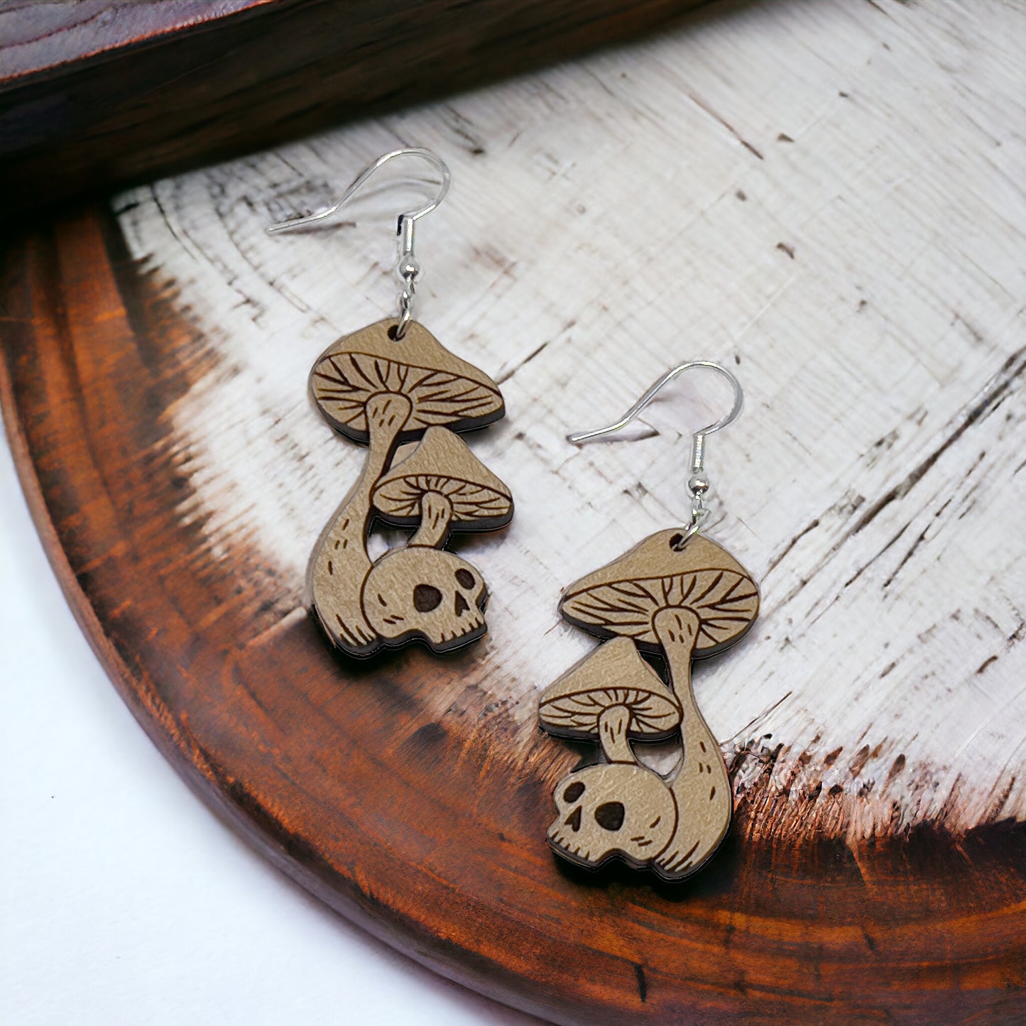 Skull & Mushroom Dangle Earrings – Spooky Wooden Fungi Halloween Jewelry