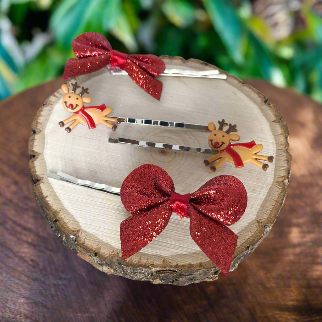 Red Bow Christmas Reindeer Holiday Hair Pins - Set of 4