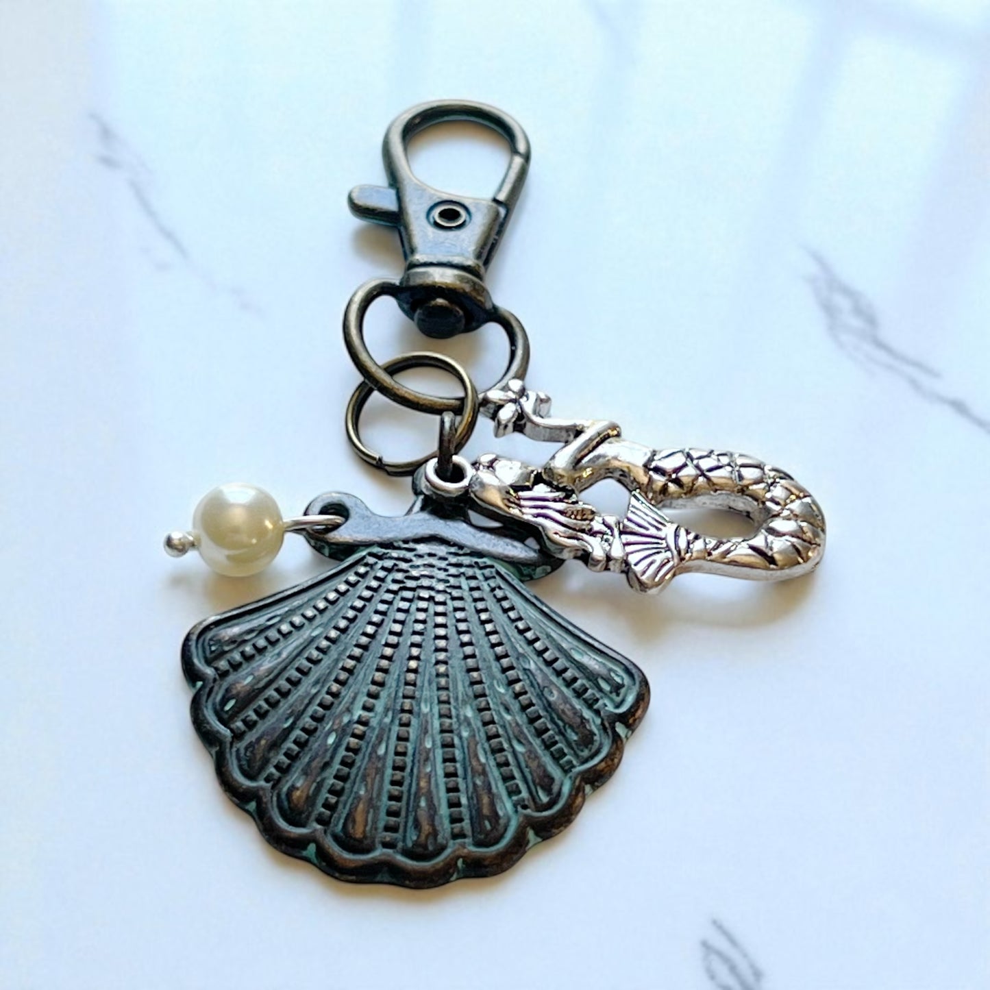 Mermaid & Seashell Purse Charm – Coastal Keychain with Pearl Accent