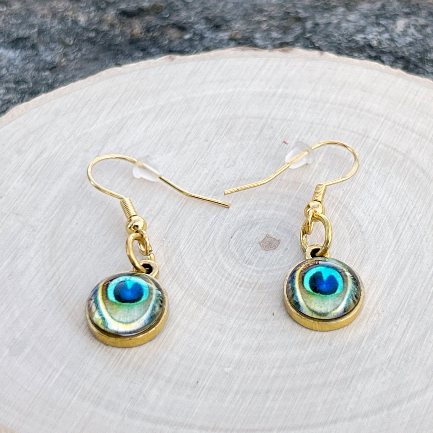 Peacock Eye Earrings – Handmade Gold Boho Dangles