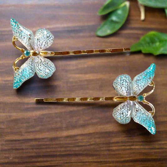 Blue & Gold Butterfly Hair Pins - Whimsical Hair Accessories
