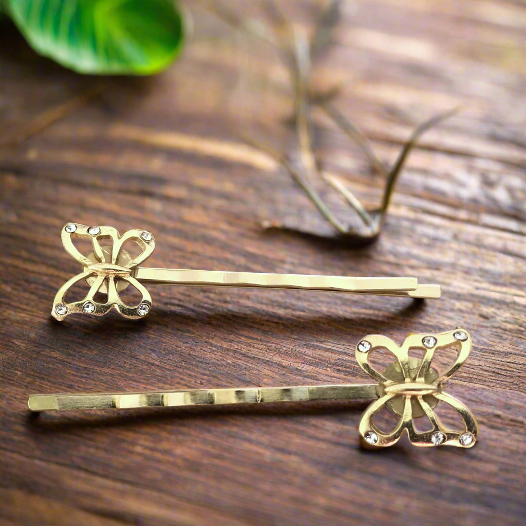 Gold Butterfly Hair Pins with Rhinestone Accents - Women's Bobby Pins