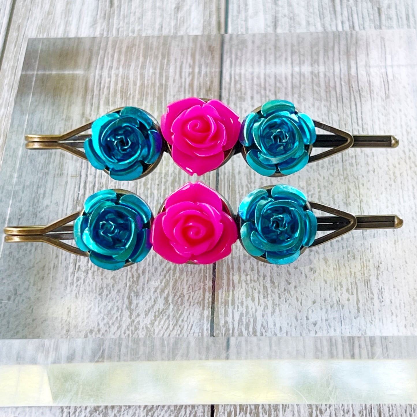 Teal & Hot Pink Rose Hair Pins – Bold Metallic Flower Hair Clip Set