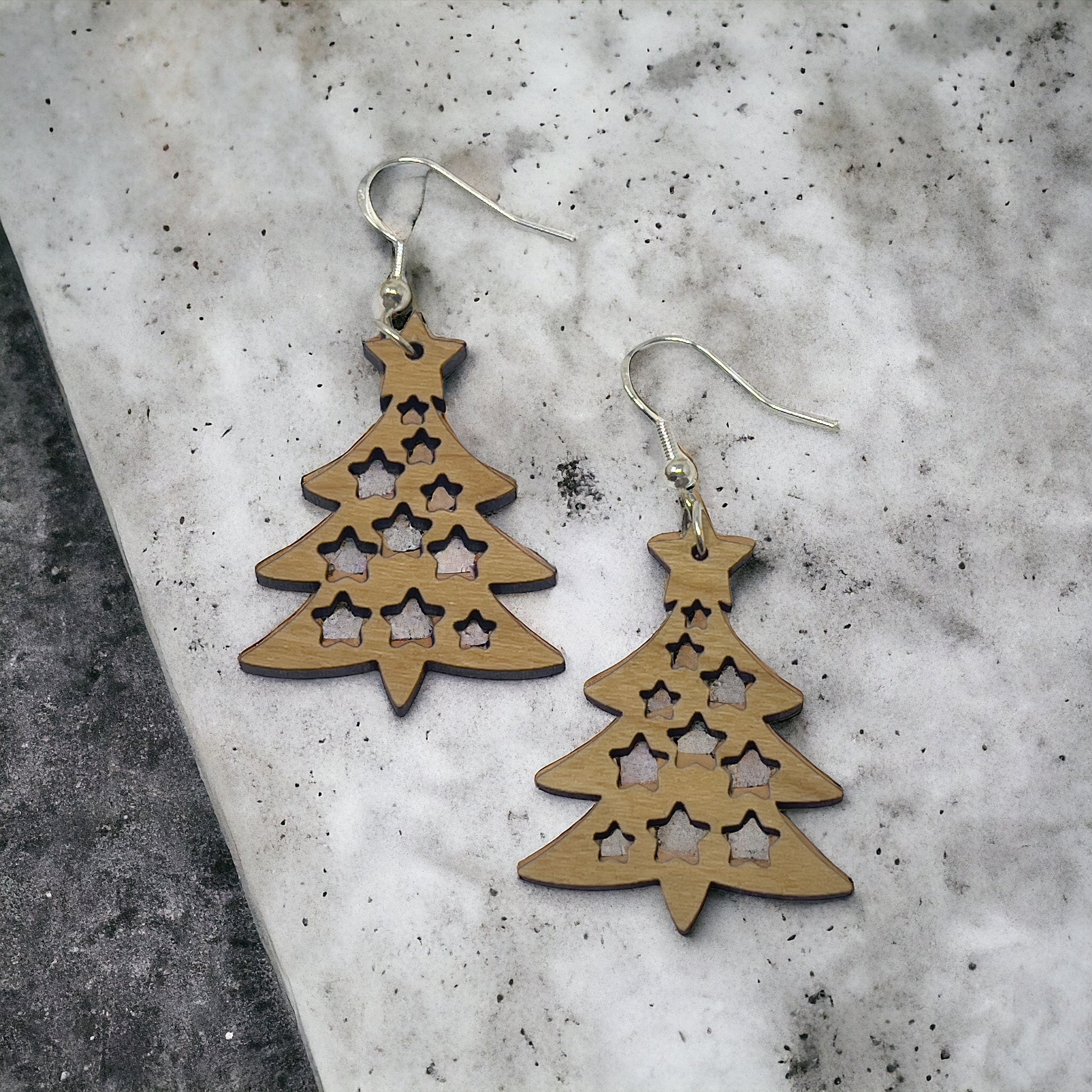 Tree & Star Earrings - Rustic Wood Dangle Earrings with a Whimsical Boho Touch, Cute Winter Holiday Accessories | Nature-Inspired Jewelry