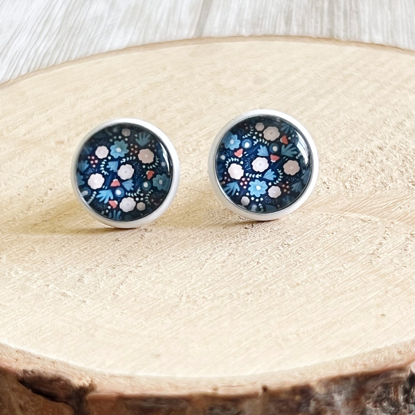 Navy Floral Stud Earrings – Round Silver Botanical Jewelry