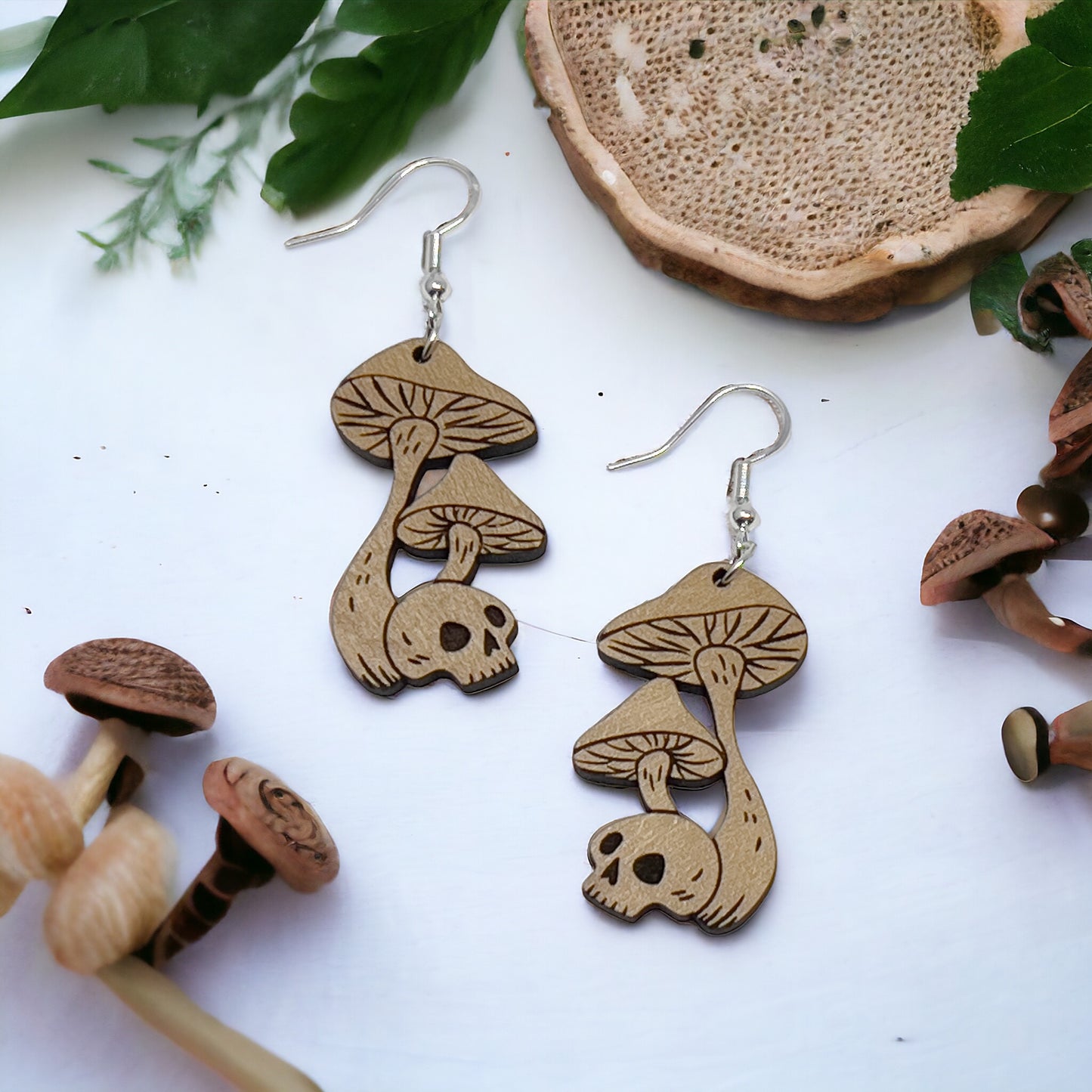 Skull & Mushroom Dangle Earrings – Spooky Wooden Fungi Halloween Jewelry