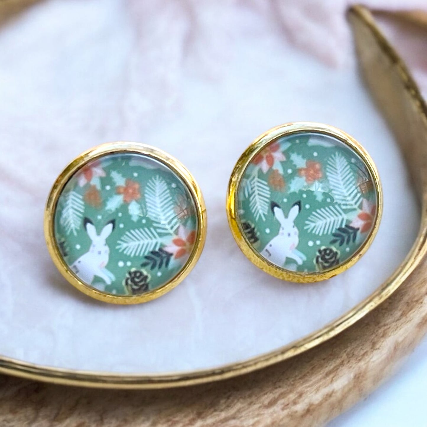 Bunny & Floral Stud Earrings – Handmade Spring Jewelry in Gold Setting