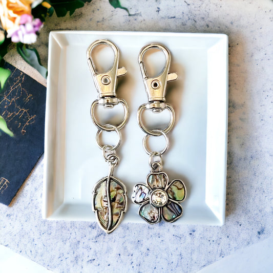Flower and Leaf Zipper Pull Keychain Handbag Charm with Inlaid Abalone Shells