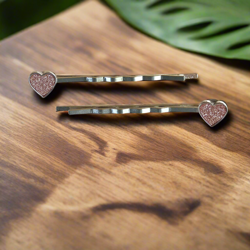 Pink Heart Hair Pins Glitter Valentines Bobby Pins