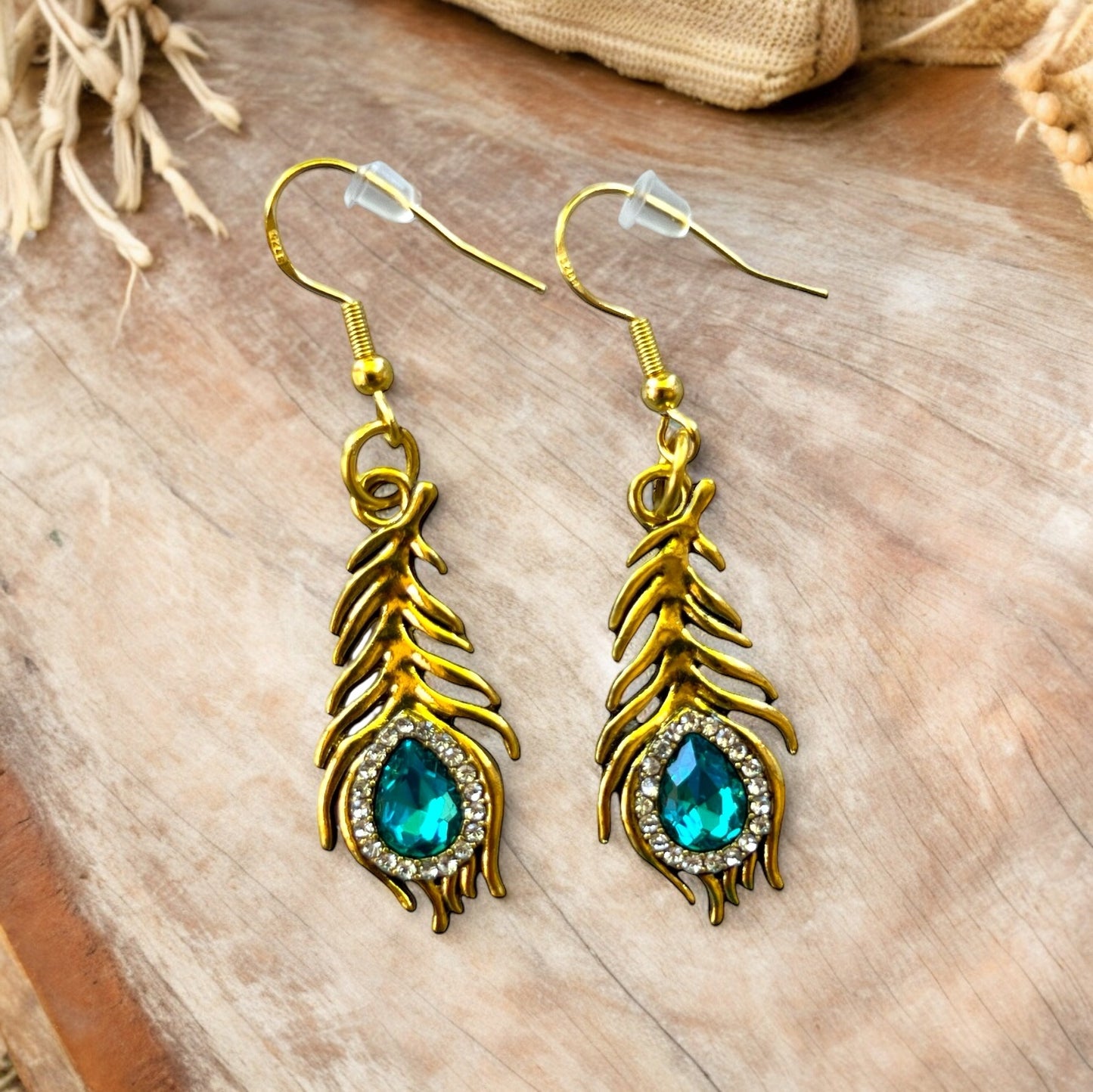 Peacock Feather Earrings – Gold Boho Glam Dangle Jewelry