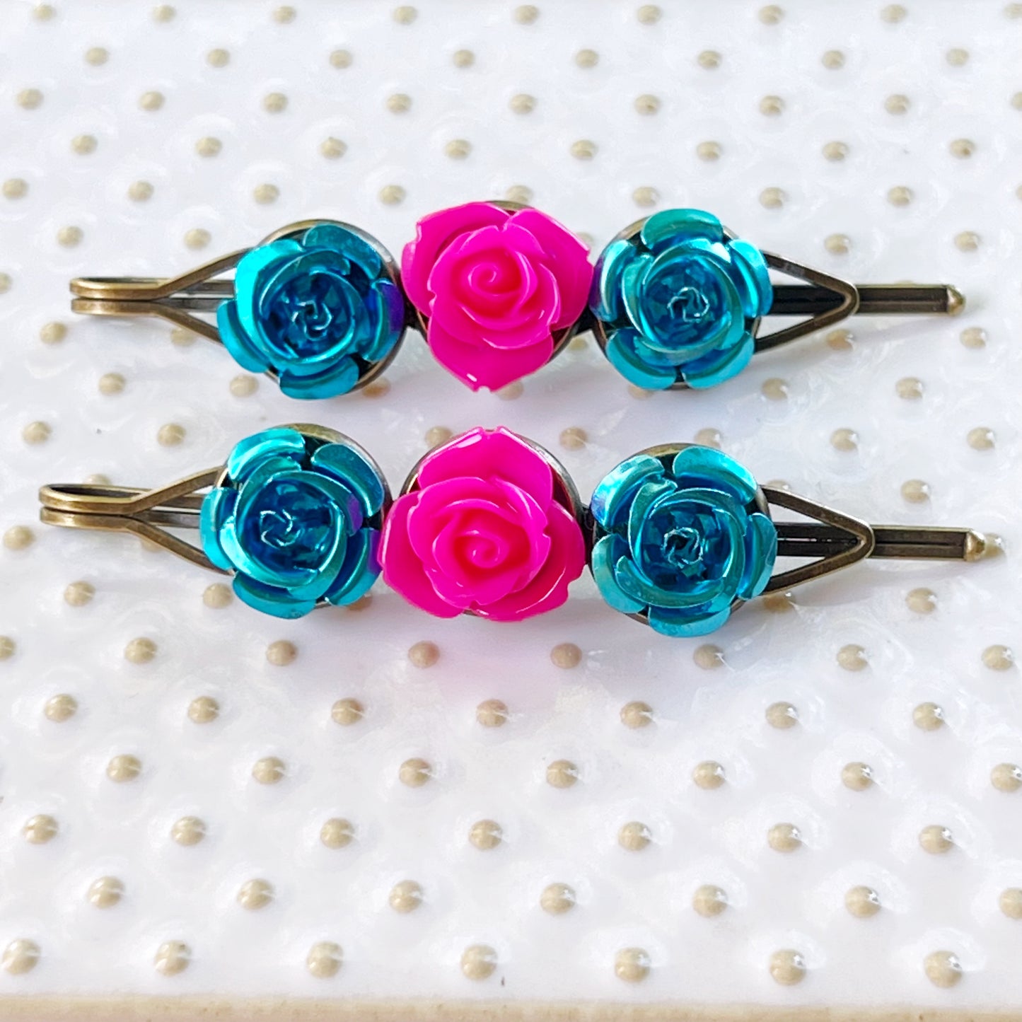 Teal & Hot Pink Rose Hair Pins – Bold Metallic Flower Hair Clip Set