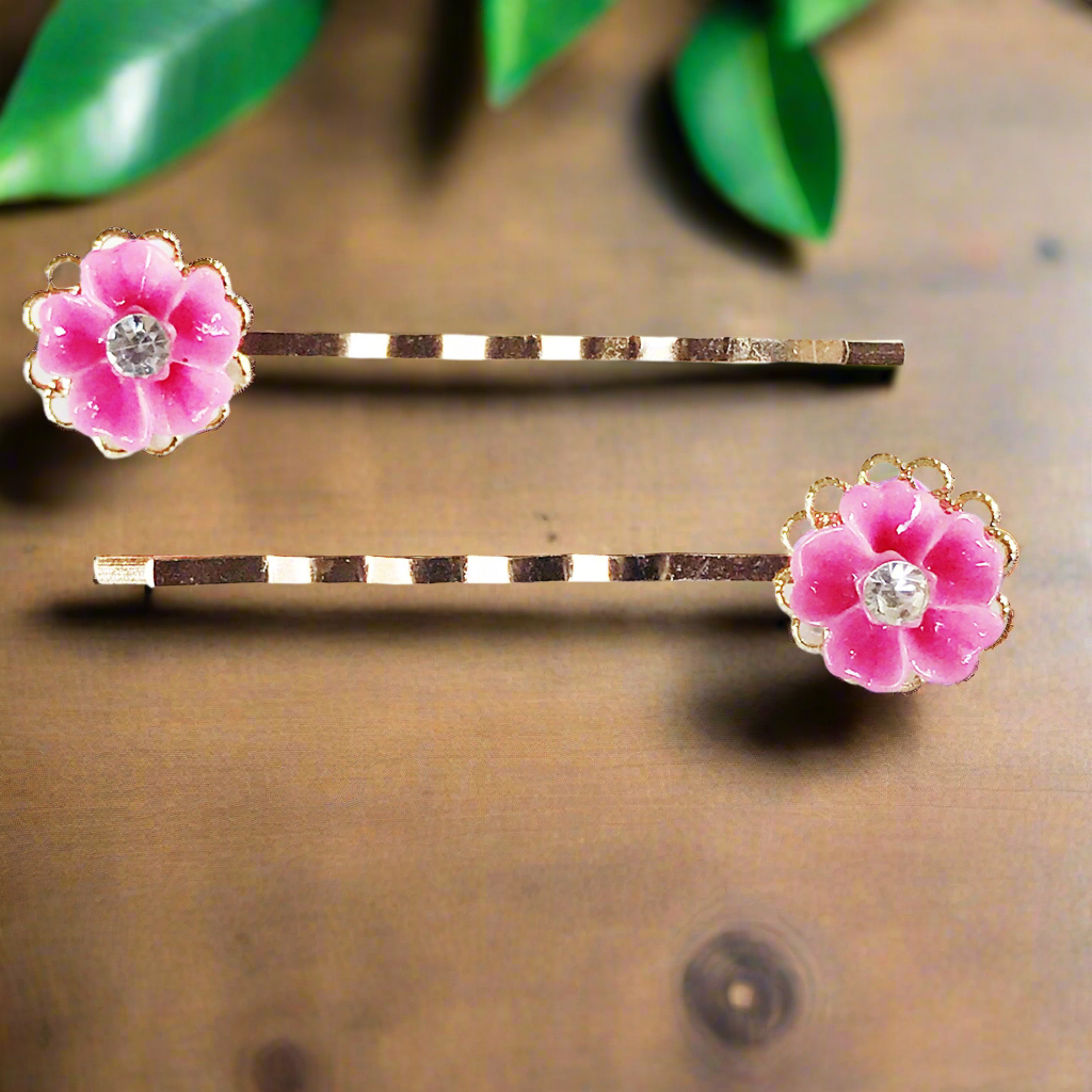 Pink Flower Hair Pins -Floral Bobby Pins Set of 2