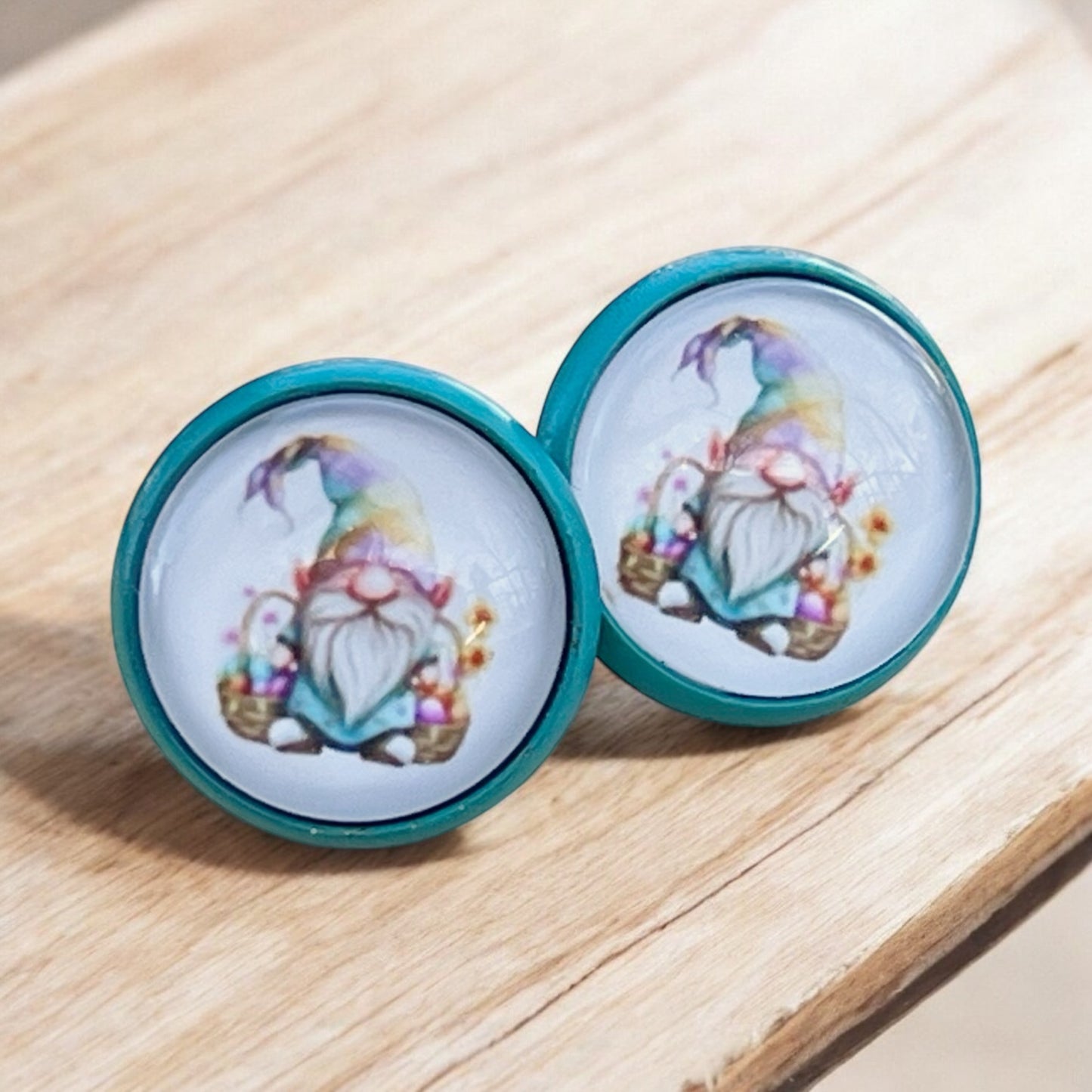 Easter Gnome Stud Earrings – Handmade Teal Spring Jewelry 12mm