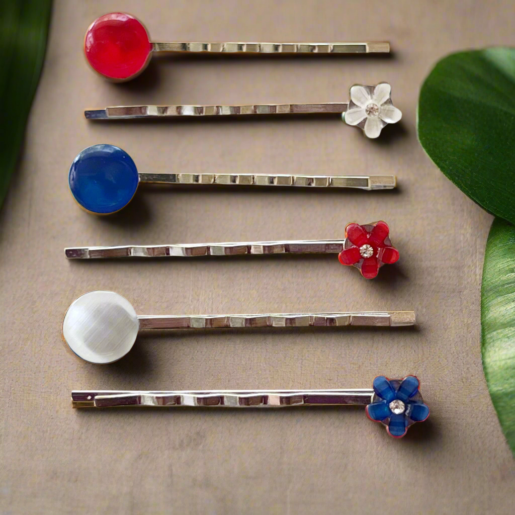 Red, White & Blue Flower Hair Pins - Women’s 4 of July Bobby Pins