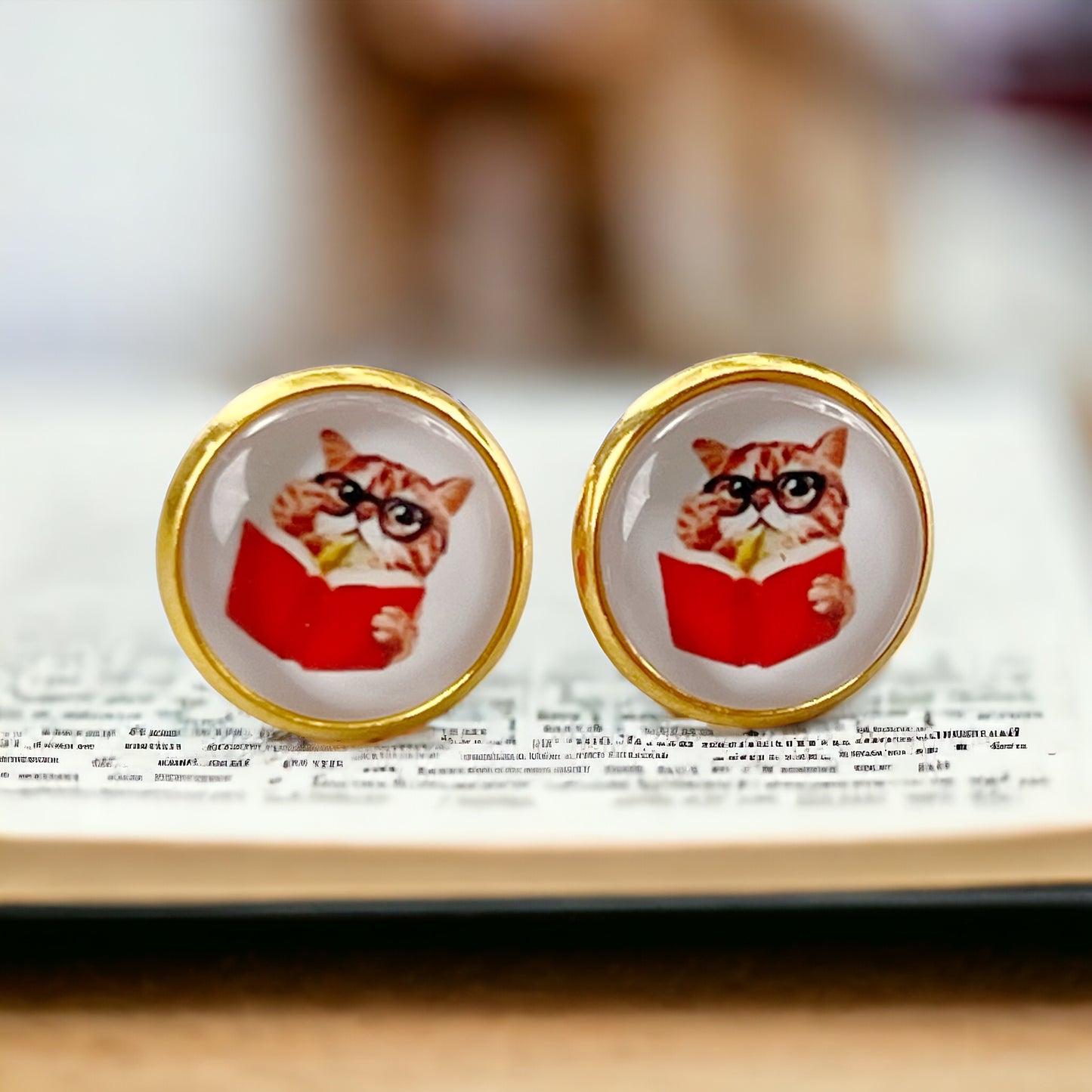 Cat Reading Book Stud Earrings – Gold-Toned Literary Jewelry