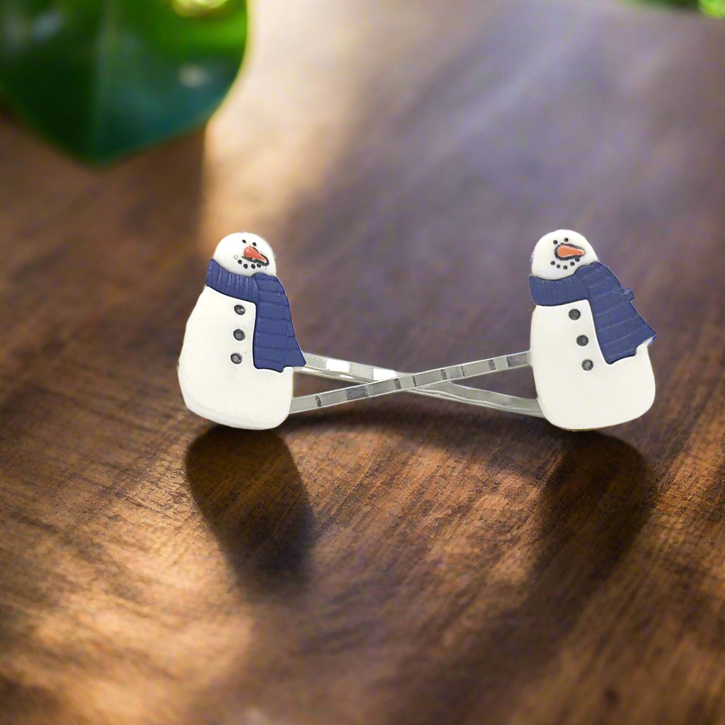 Snowman Blue Scarf Christmas Bobby Pin Set of 2