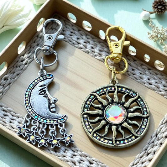 Celestial Purse Charm Set – Moon & Sun Keychains with Rhinestone Accents
