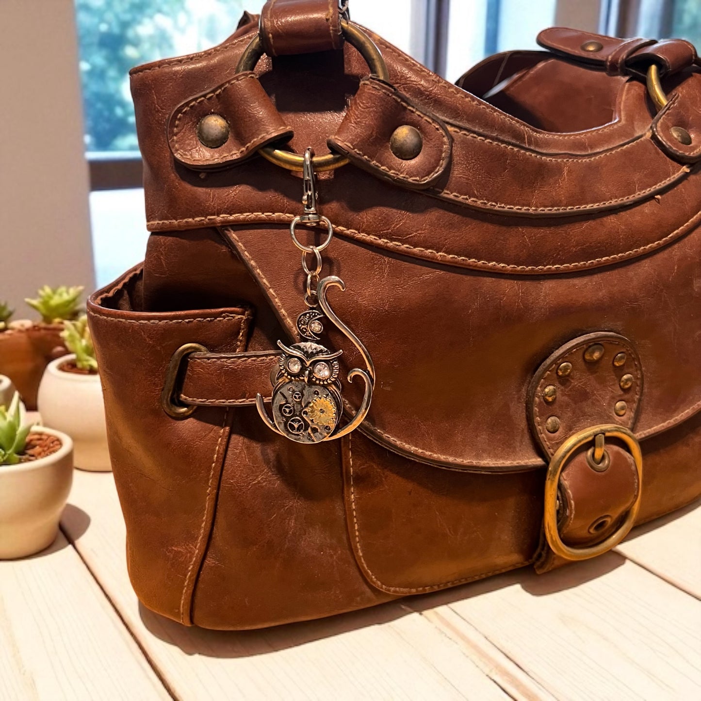 Steampunk Owl Purse Charm – Mixed Metal Gear Keychain