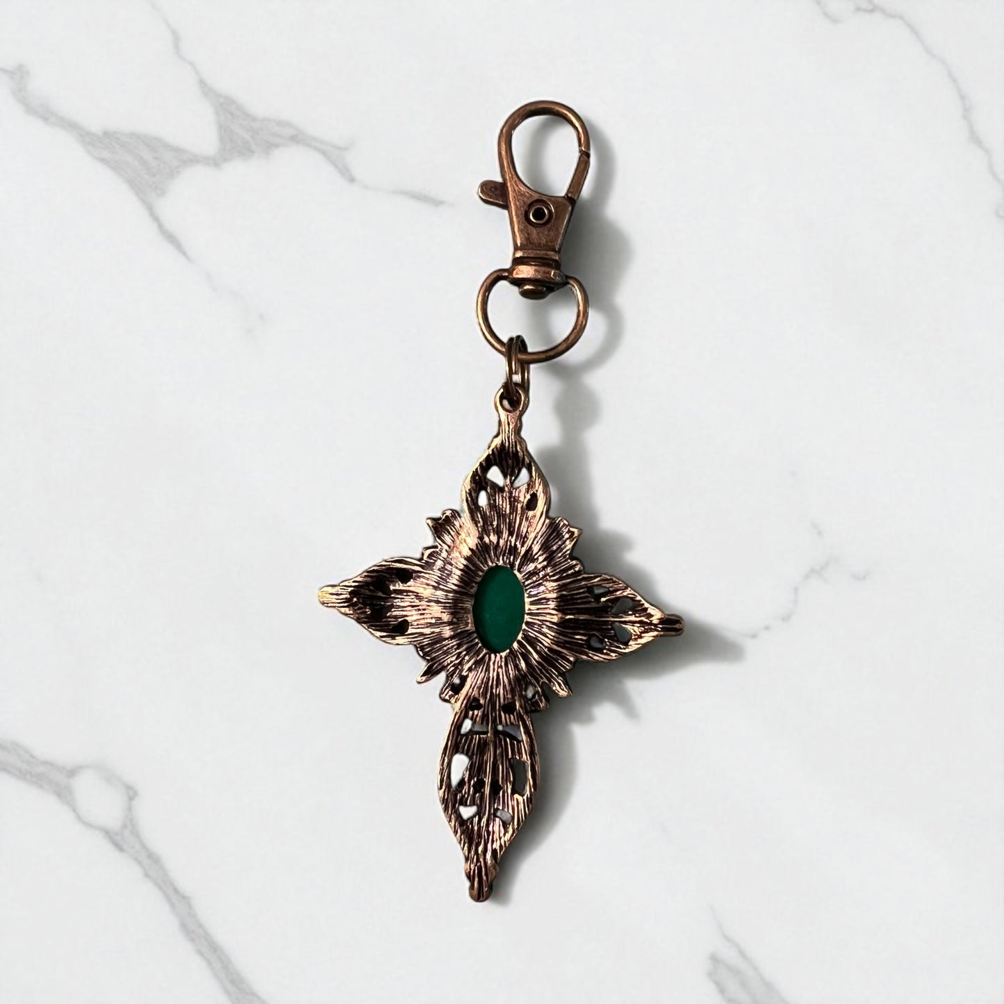 Ornate Cross Purse Charm – Vintage Bronze Keychain with Rhinestones
