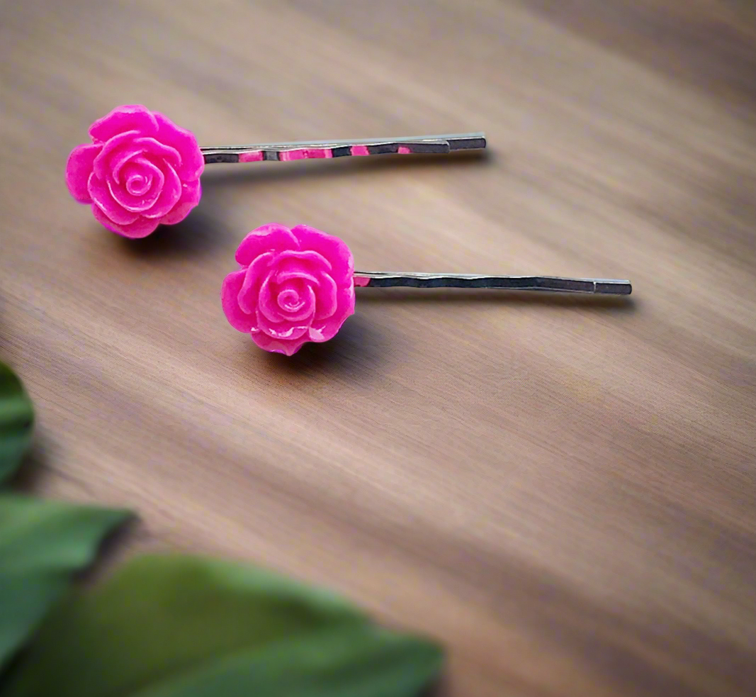 Hot Pink Flower Hair Pin - Boho Floral Bobby Pin Set of 2