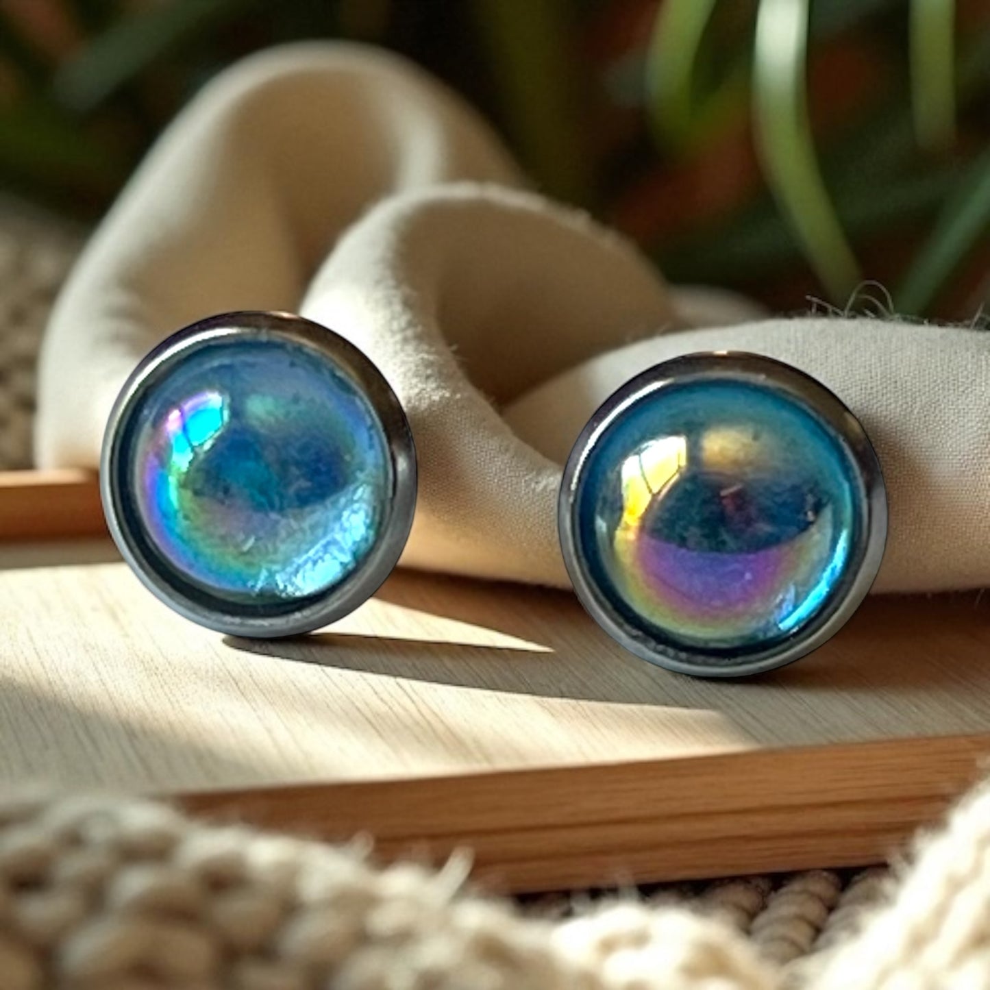 Iridescent Stud Earrings – Small Handmade Rainbow Dome Posts for Women