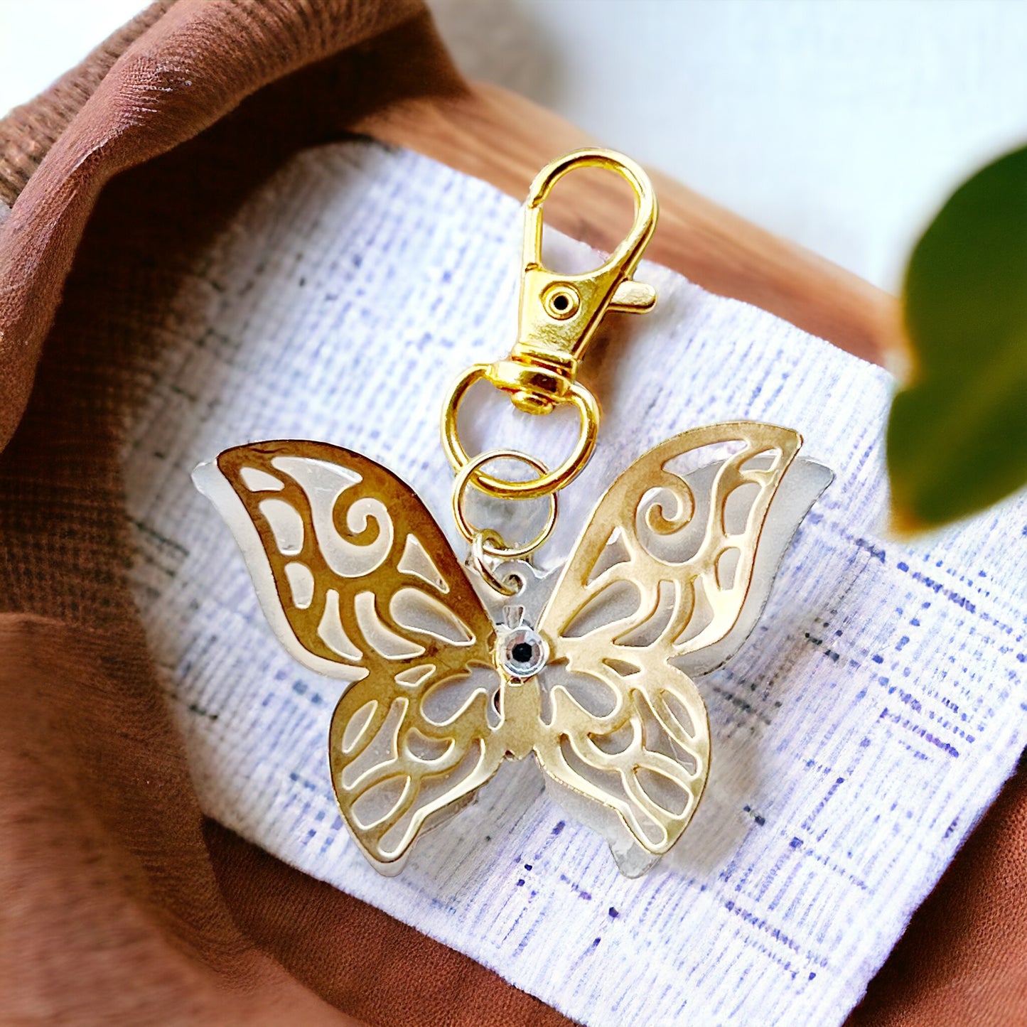 Gold & Silver Butterfly Zipper Pull Keychain Purse Charm with Filigree & Rhinestone Accents - Elegant & Stylish Accessory for Your Bag