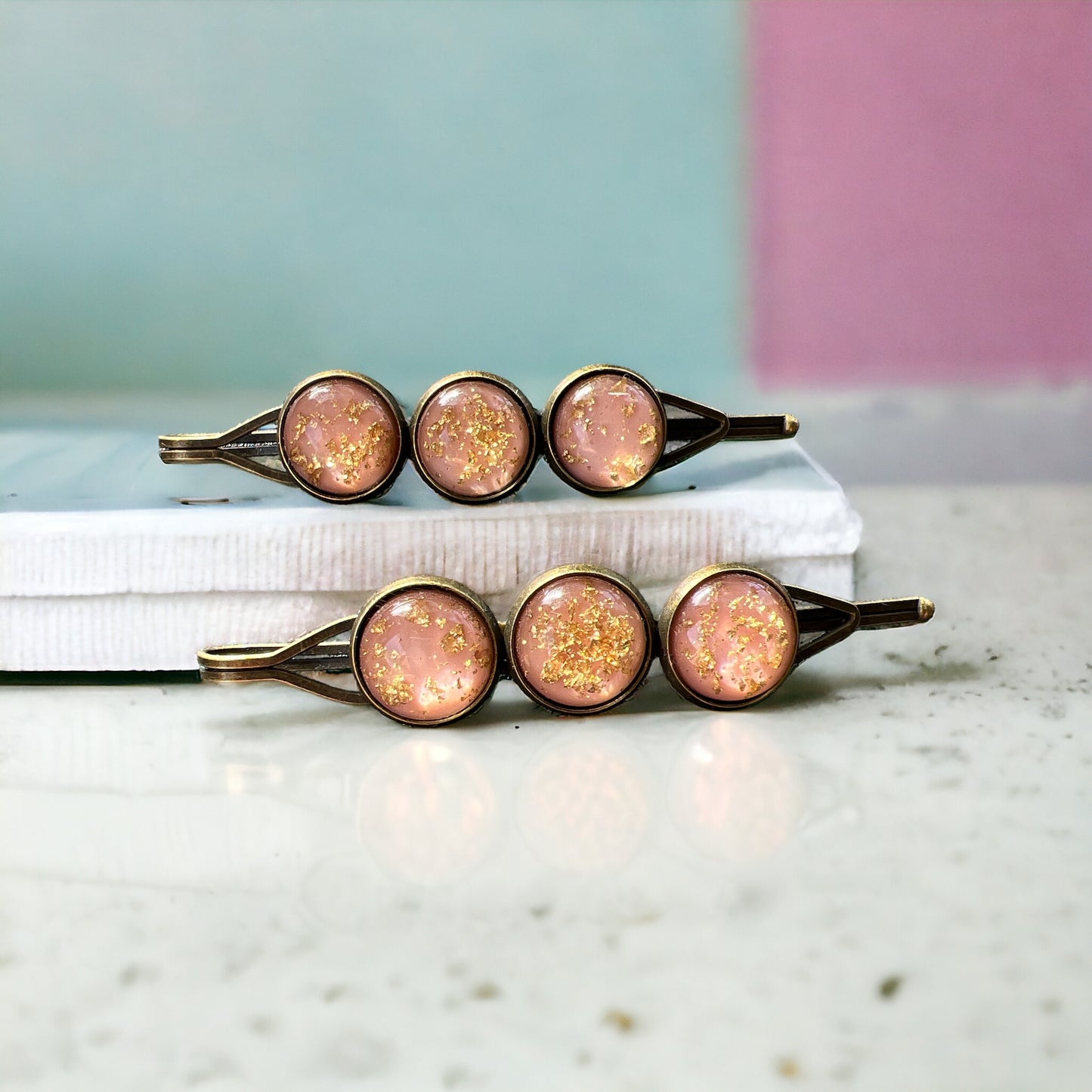 Blush Pink & Gold Foil Hair Pins – Set of 2 Romantic Handmade Accessories