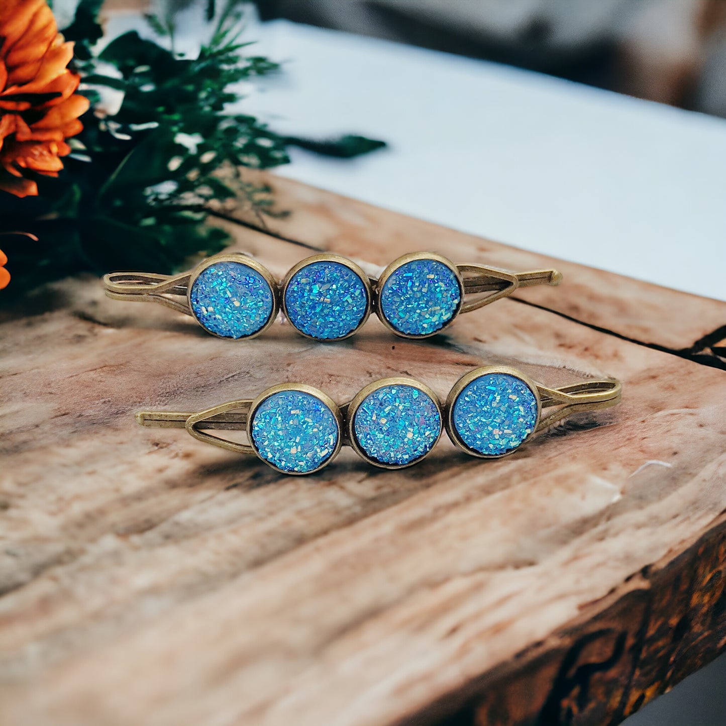 Blue Glitter Druzy Hair Pins - Sparkling & Stylish Hair Accessories
