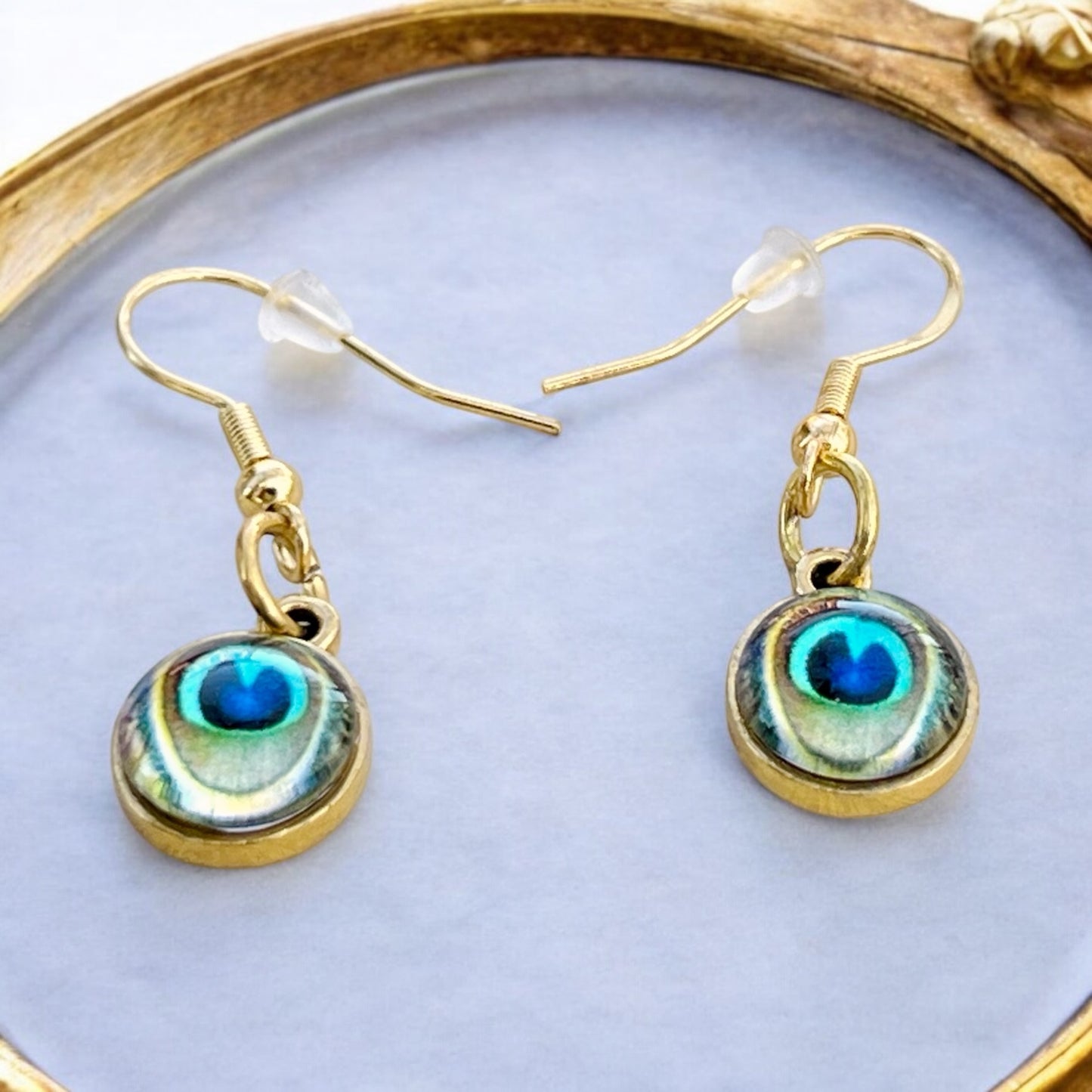 Peacock Eye Earrings – Handmade Gold Boho Dangles