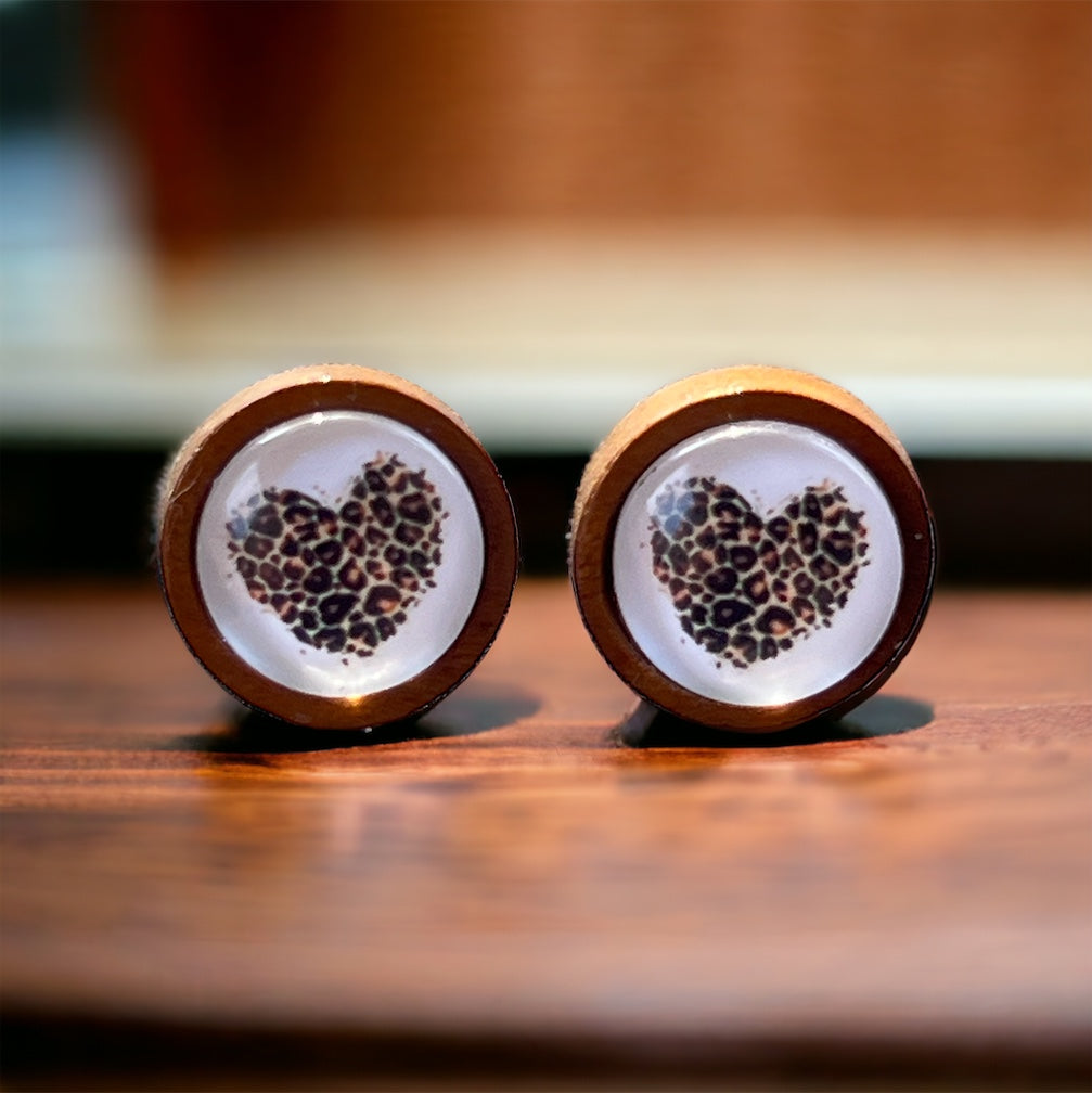 Animal Print Heart Wood Earring Studs - Rustic & Unique Accessories