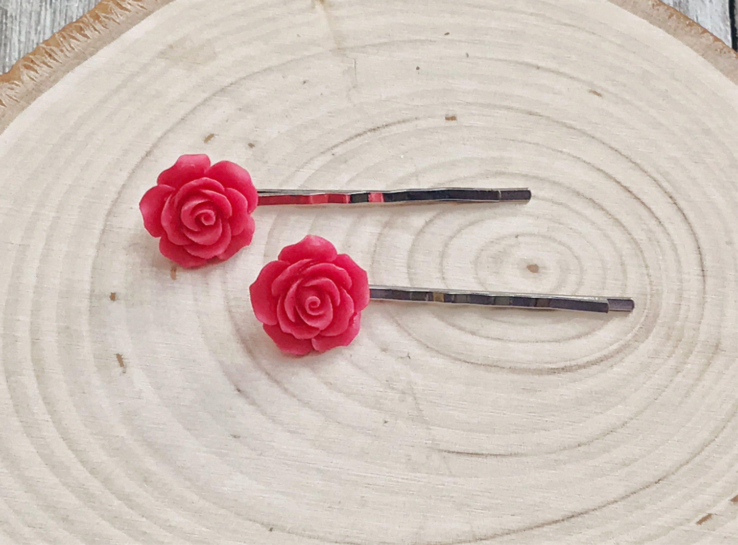Red Flower Hair Pins - Floral Bobby Pins Set of 2