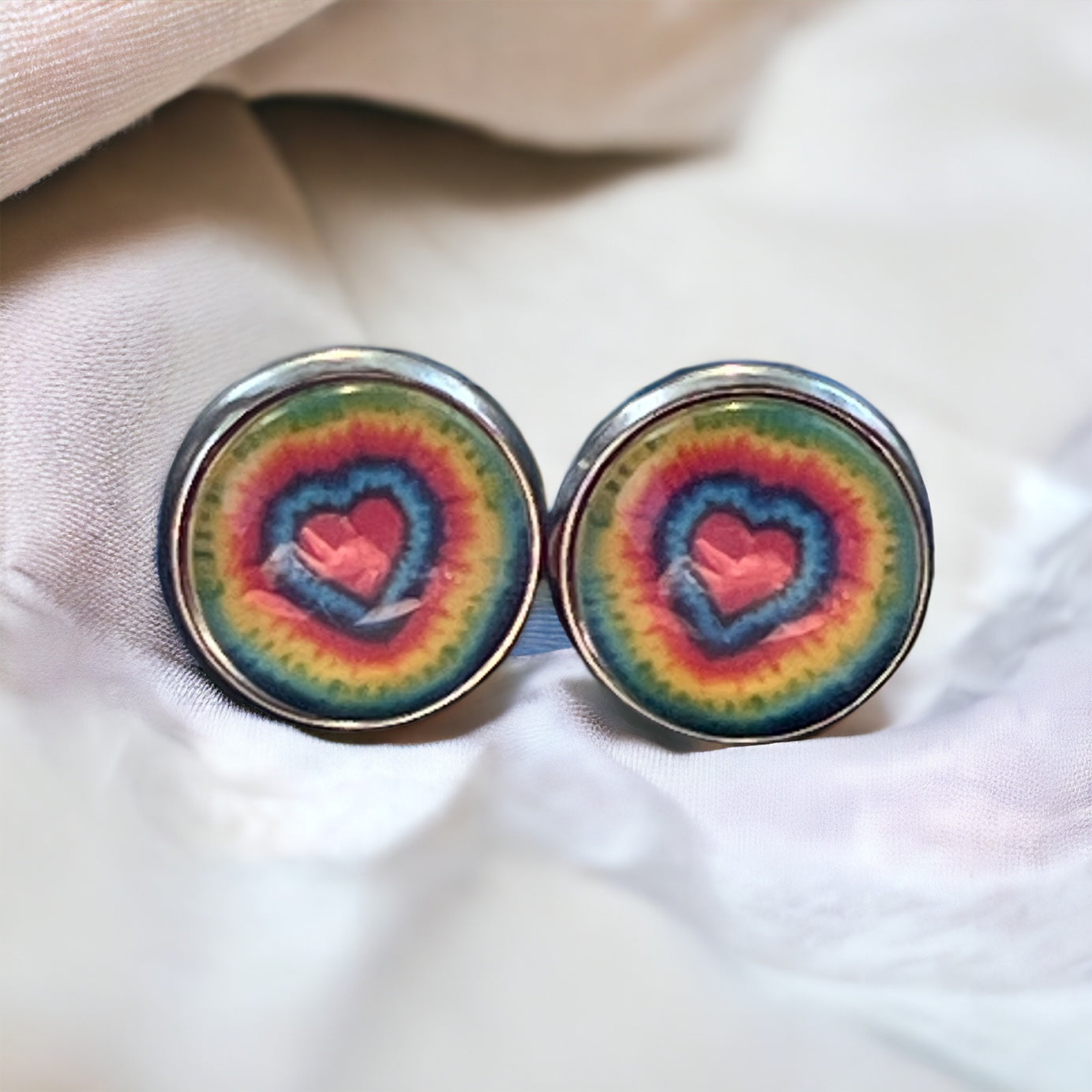Rainbow Heart Stud Earrings – Colorful Tie-Dye Silver Jewelry