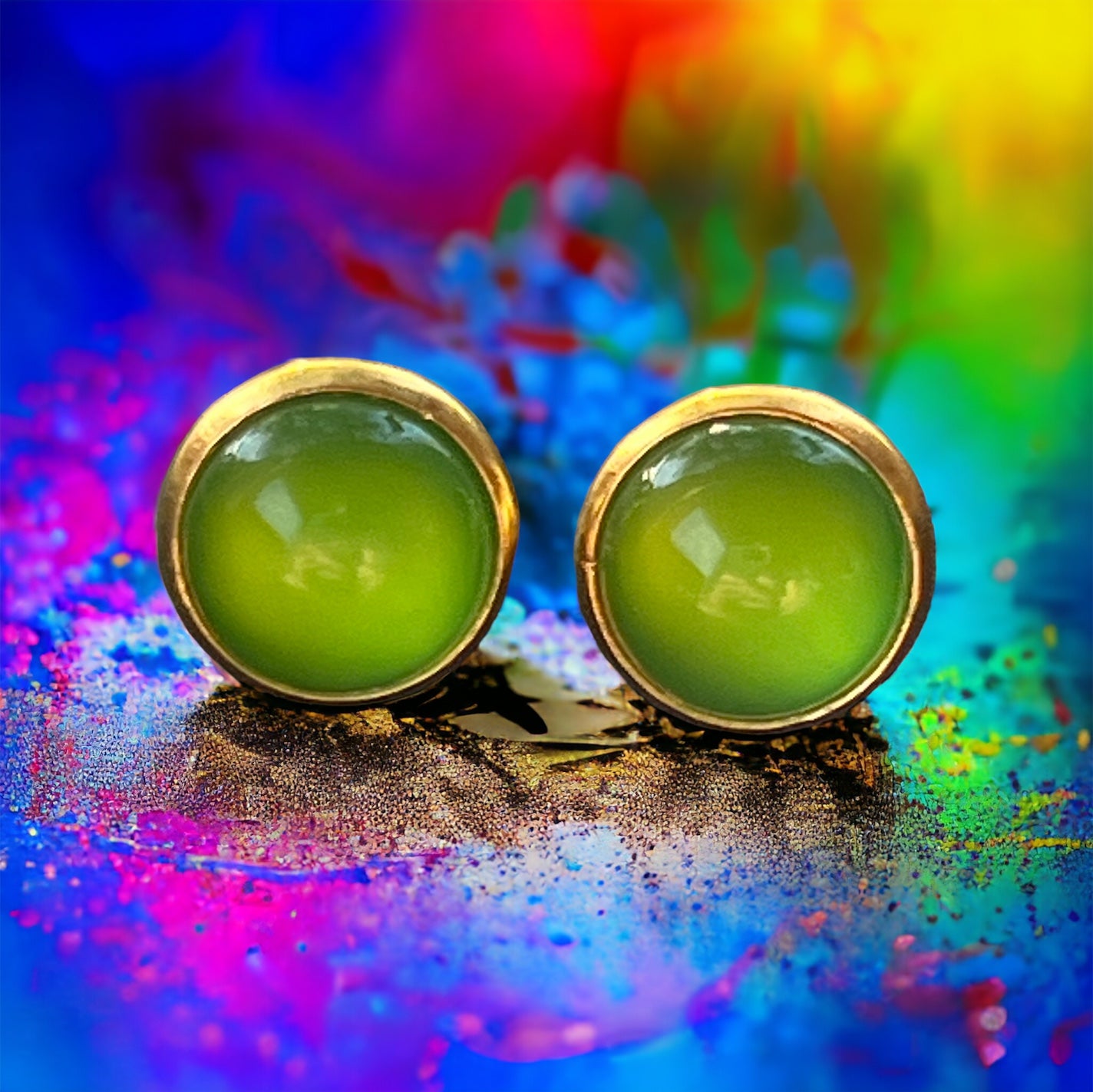 Lime Green Stud Earrings – Glossy Gold Bold Color Jewelry
