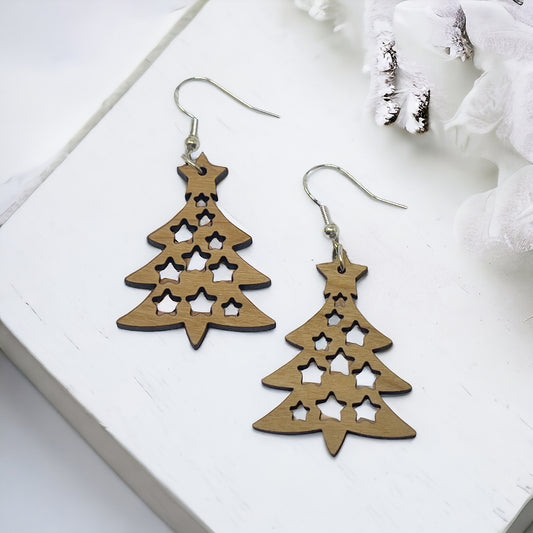 Tree & Star Earrings - Rustic Wood Dangle Earrings with a Whimsical Boho Touch, Cute Winter Holiday Accessories | Nature-Inspired Jewelry