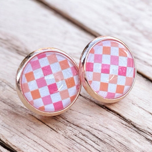 Pink & Orange Gingham Stud Earrings – Handmade Spring Jewelry