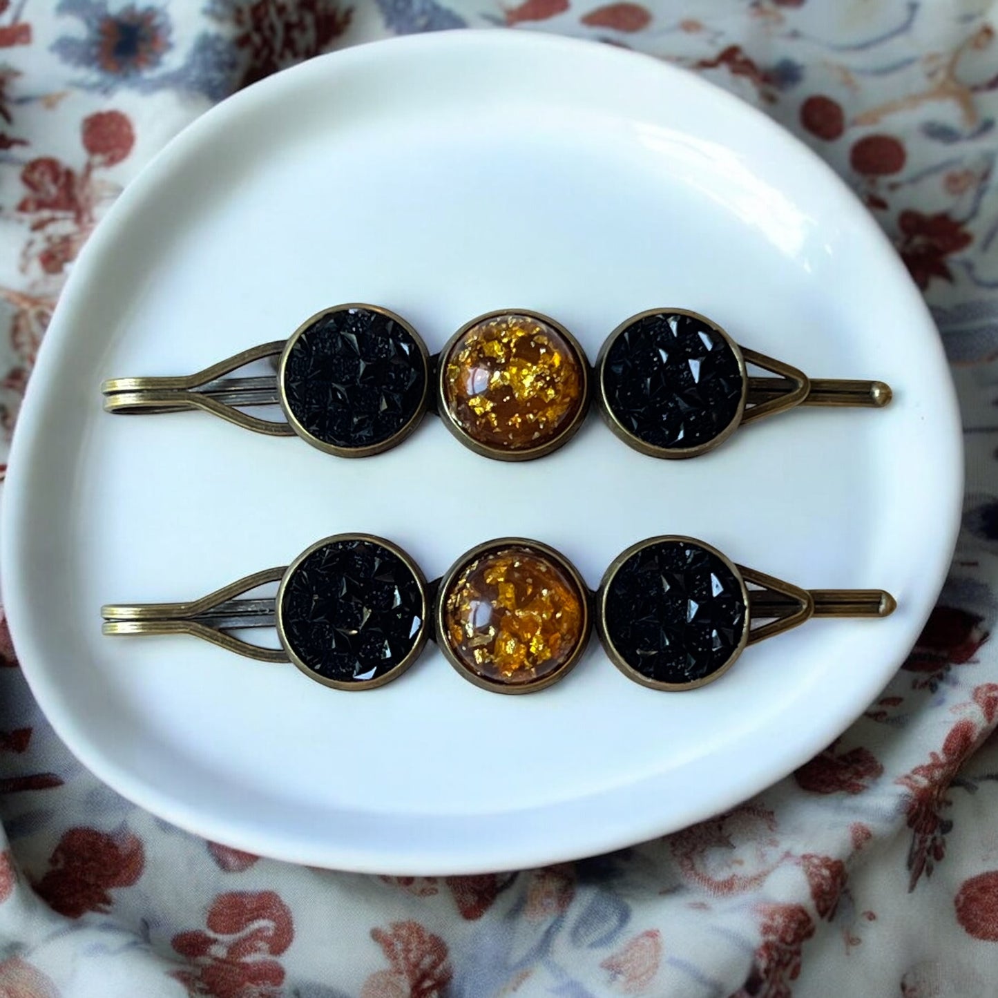Fall Hair Pin Set – Amber & Black Crystal Handmade Bobby Pins